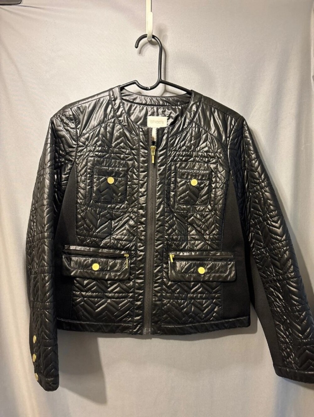 Chico's Black Quilted Jacket with Gold Accents